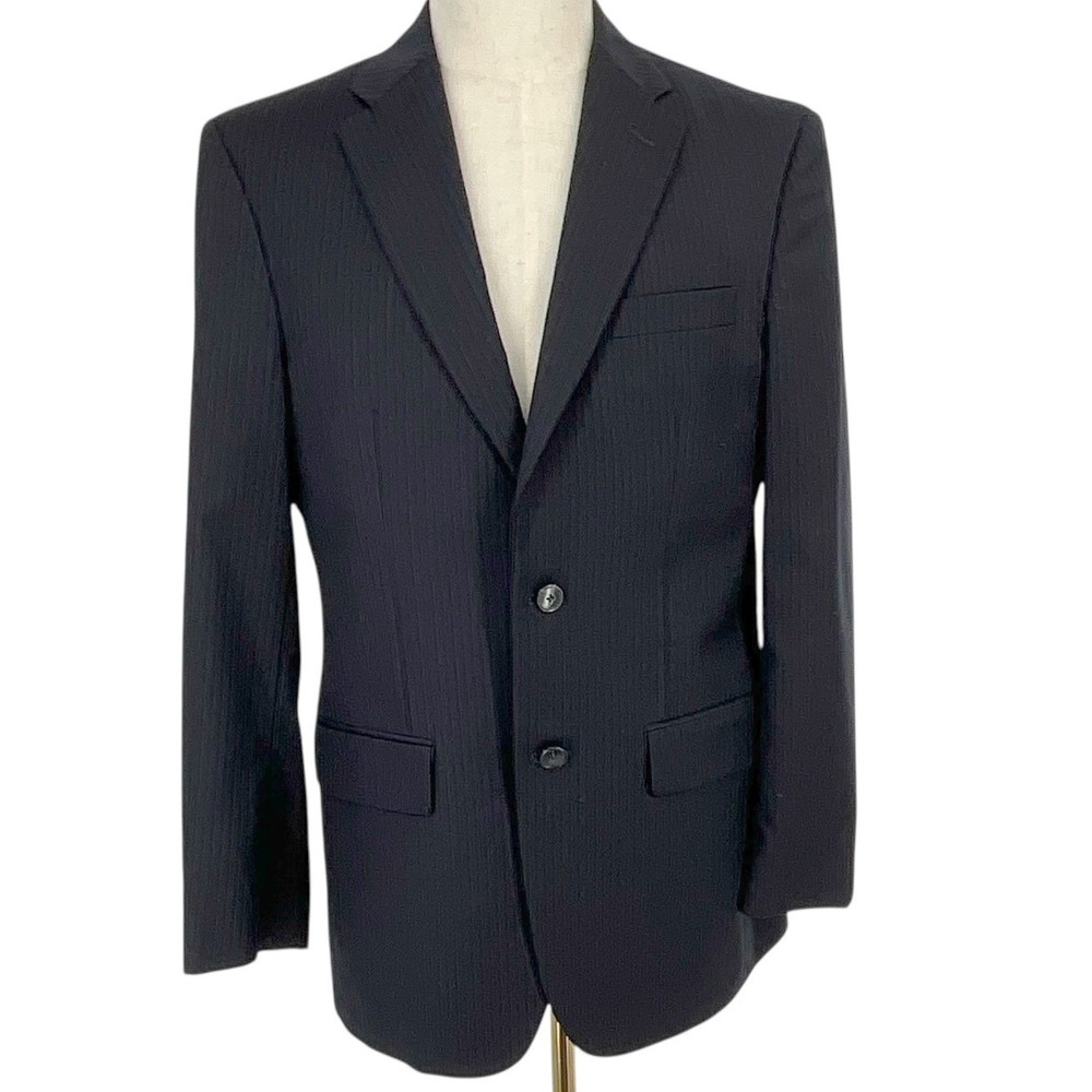 JOS A BANK Travelers Collection Mens Navy Pinstripe Wool Suit Jacket Blazer 39R